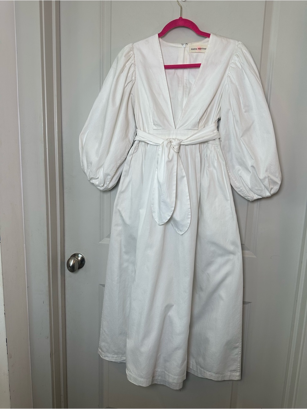 Mara Hoffman Maise Cotton Belted Deep V Puff Sleeves White Minimalist Dress, S - Picture 5 of 10